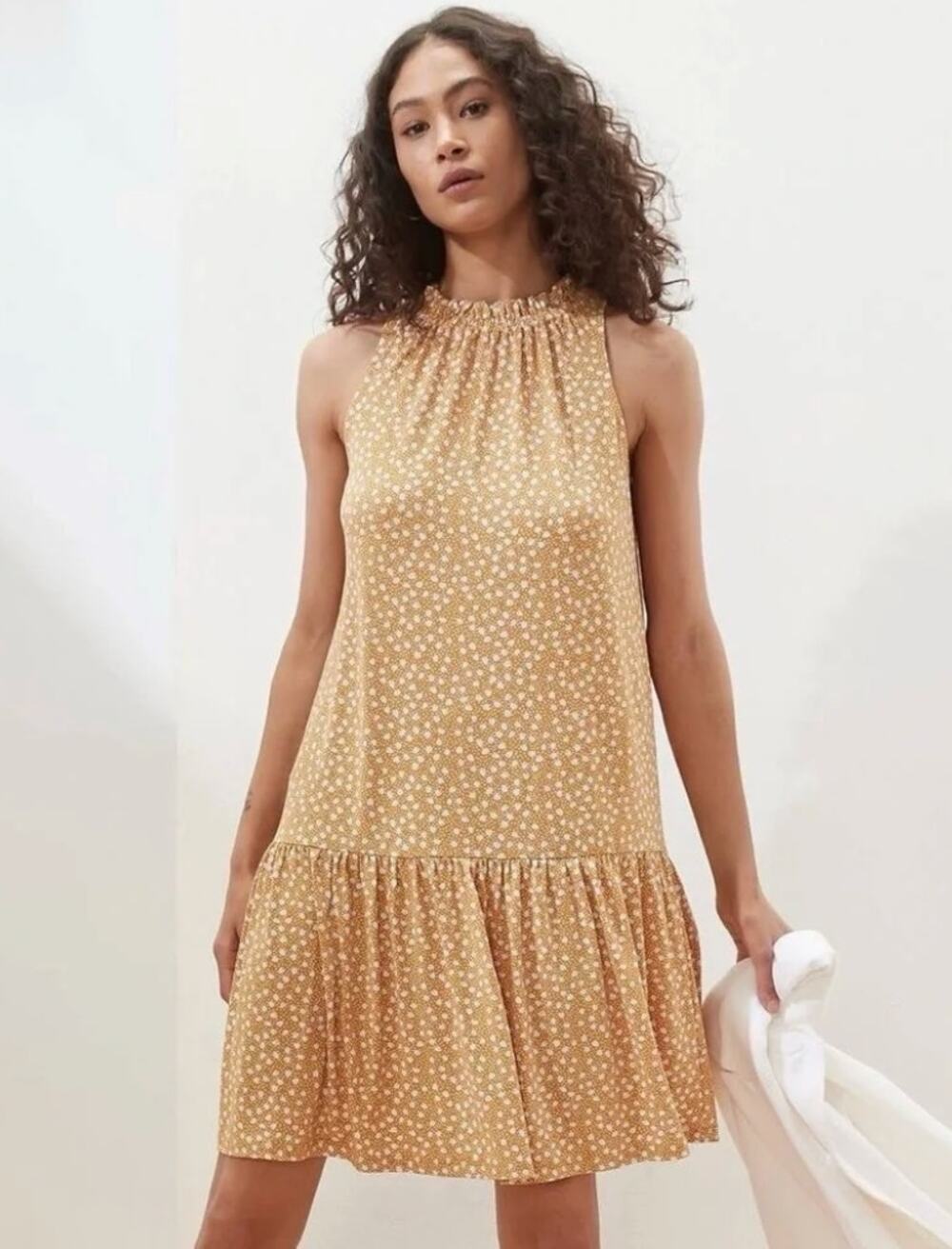 Banana Republic Mustard Yellow High Neck Mini Dress Medium Polka Dot Sleeveless